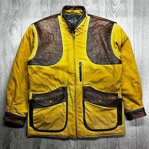 Wild Hare Shooting Gear Mens L Canvas Hunting Jacket Leather Trim Yellow Brown